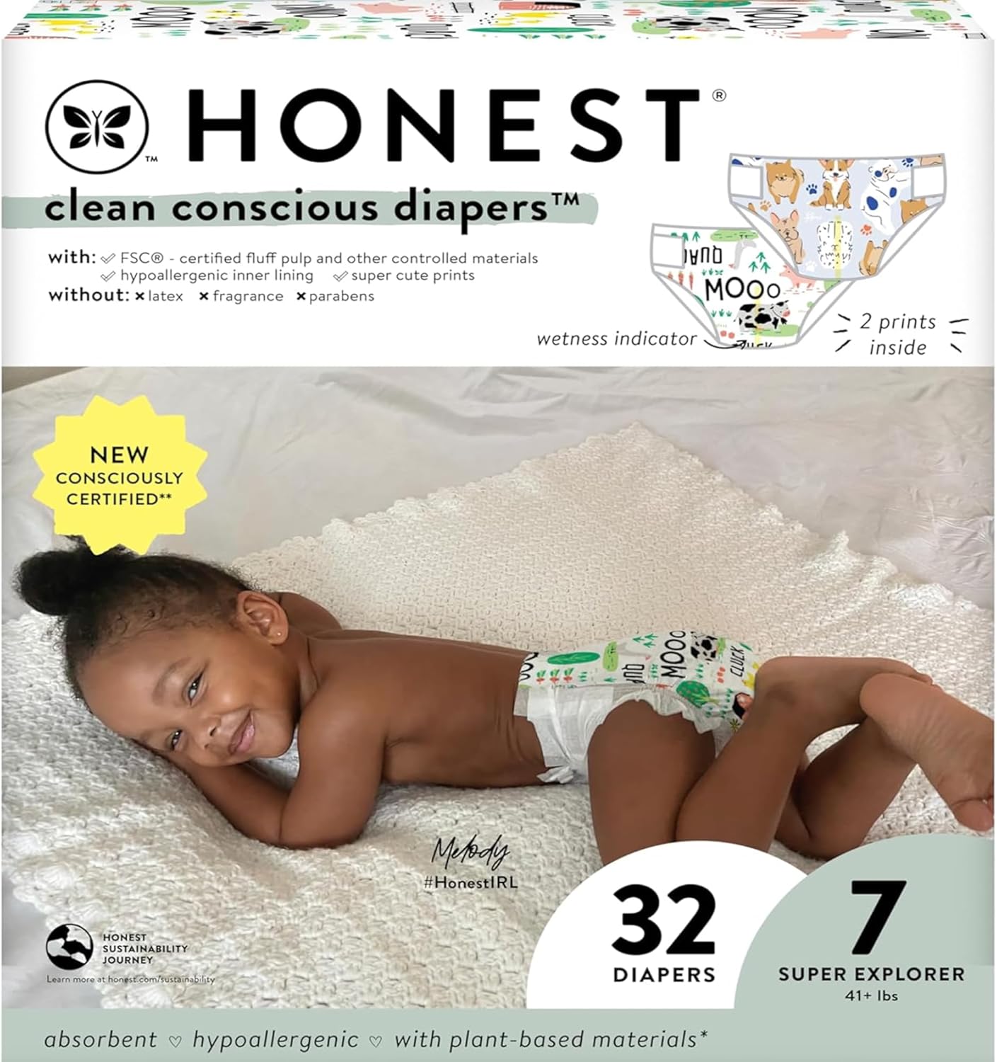 The Honest Co. Plant-Based Diapers | Barnyard Babies + Pawty | Size 7, 32 Count