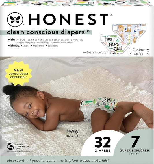 The Honest Co. Plant-Based Diapers | Barnyard Babies + Pawty | Size 7, 32 Count