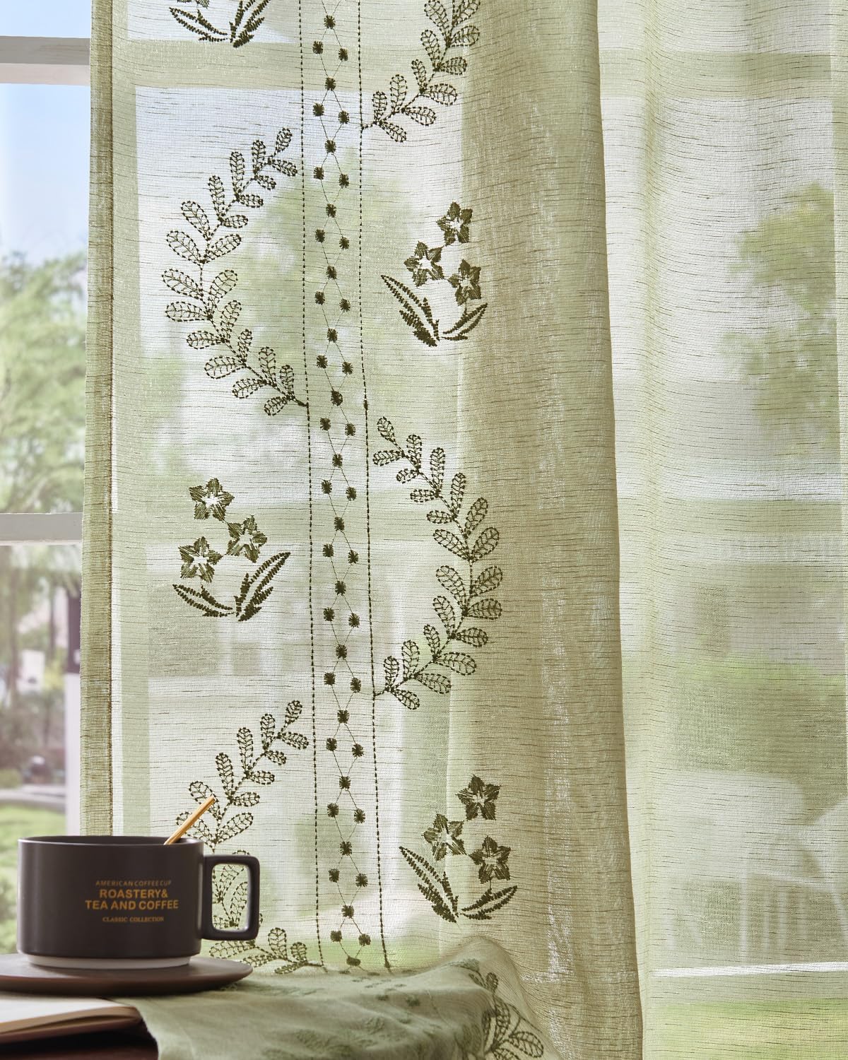 Linen Sheer Curtains for Living Room with Floral Embroidery