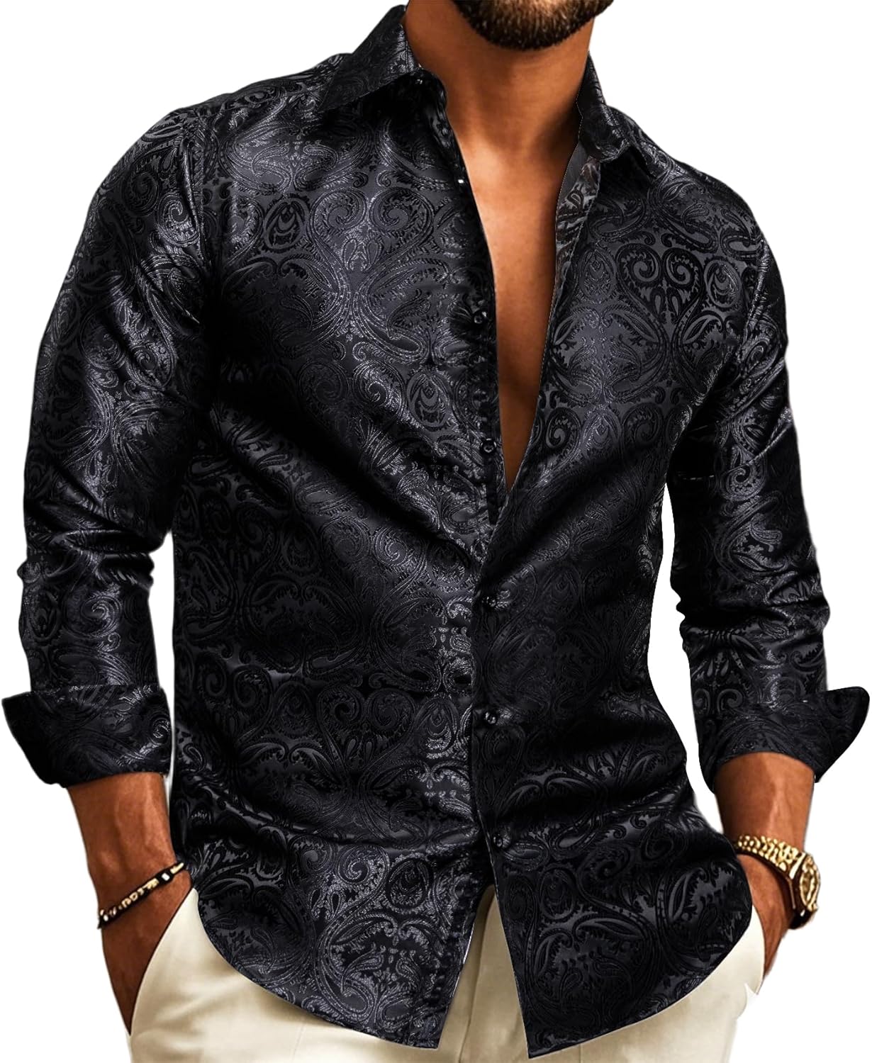 Barry.Wang Men Dress Shirts Paisley 70s Disco Silk Tops