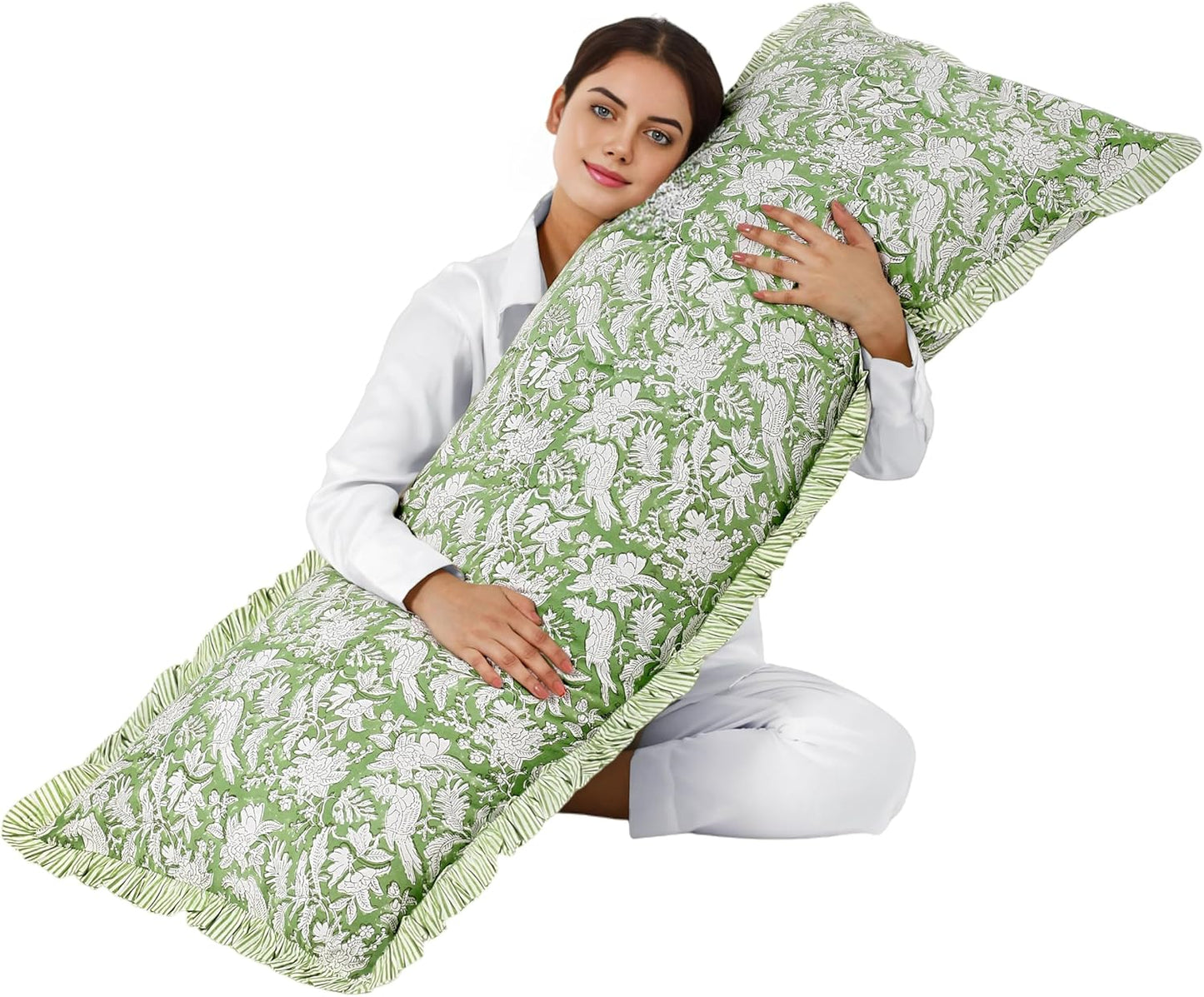 CPC Olive Green Cotton Block Print Ruffle Sham Cover 20X54 in