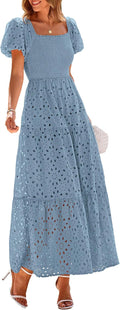 Eyelet Square Neck Puff Sleeve Smocked Maxi Dress - Flattering Summer