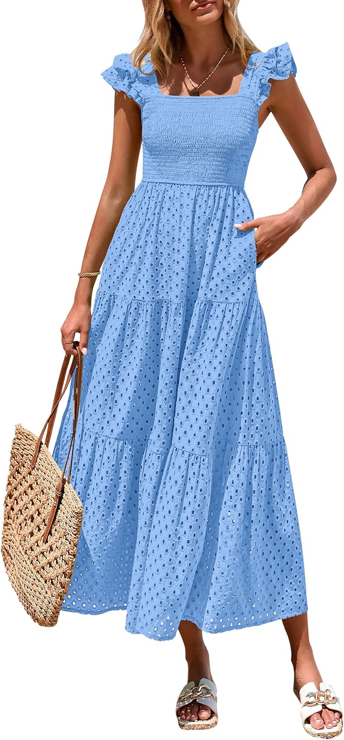 PRETTYGARDEN Womens Summer Square Neck Maxi Dress with Pockets