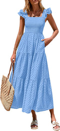 PRETTYGARDEN Summer Square Neck Maxi Dress - Flowy Eyelet Style Shoes