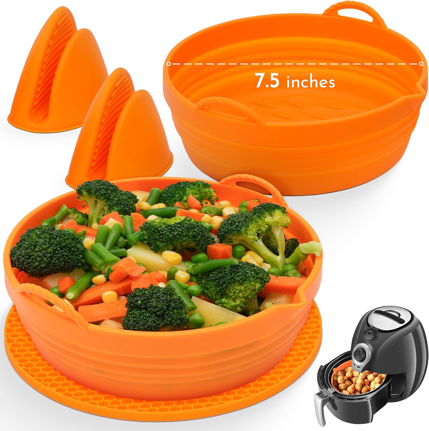 Kitchentastic Orange Silicone Air Fryer Liners - Easy-Clean, Food-Grade - Fits 3-5 Qt - Ultra-Strong