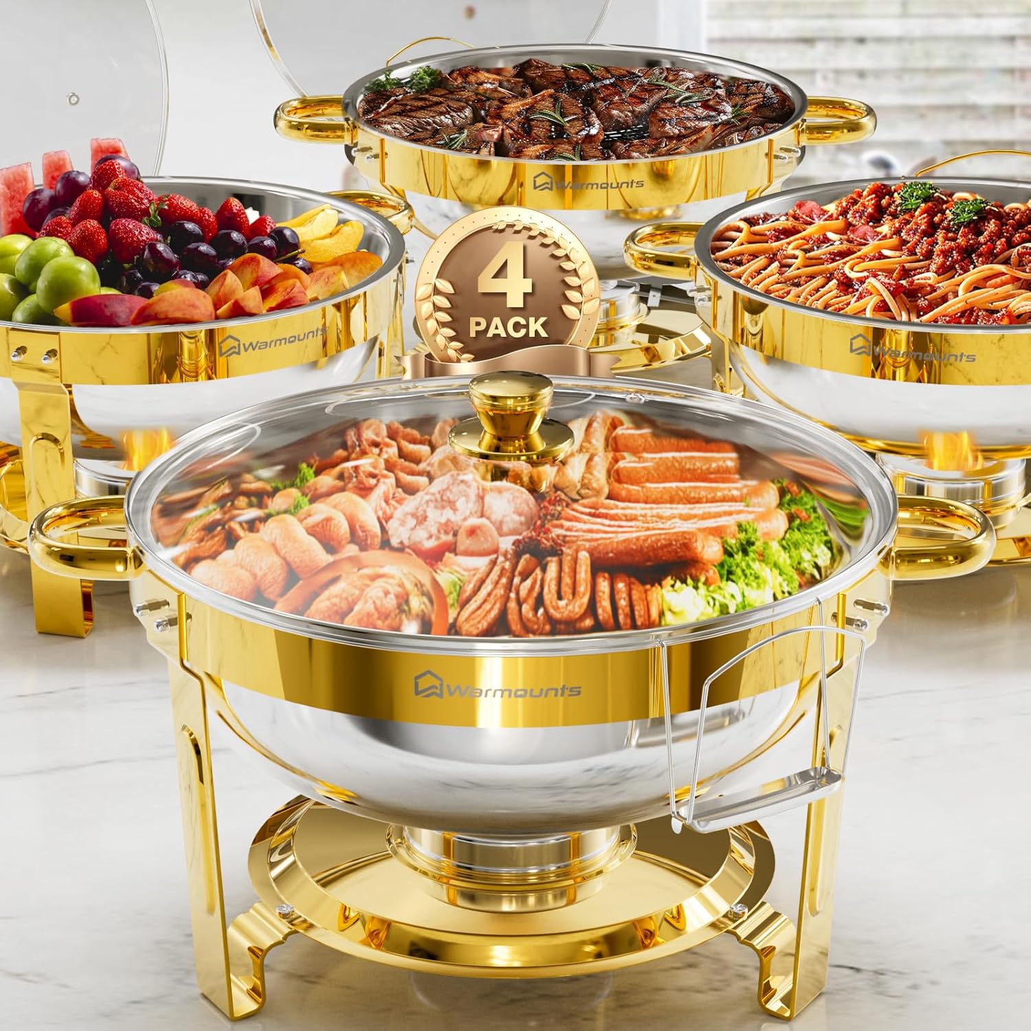 Gold Chafing Dishes for Buffet with Glass Lid - 5QT Set