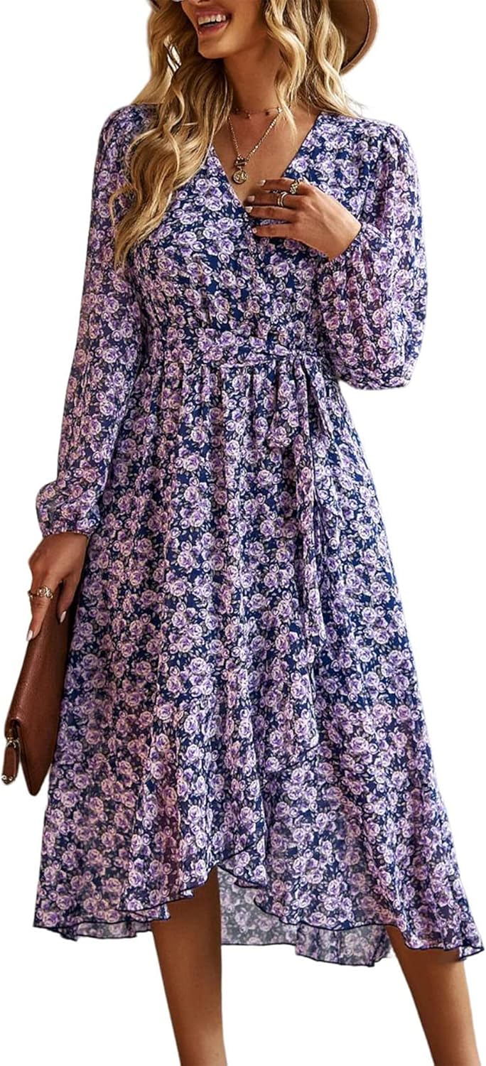 Floral Boho Dress for Women - Long Sleeve Wrap Maxi Style