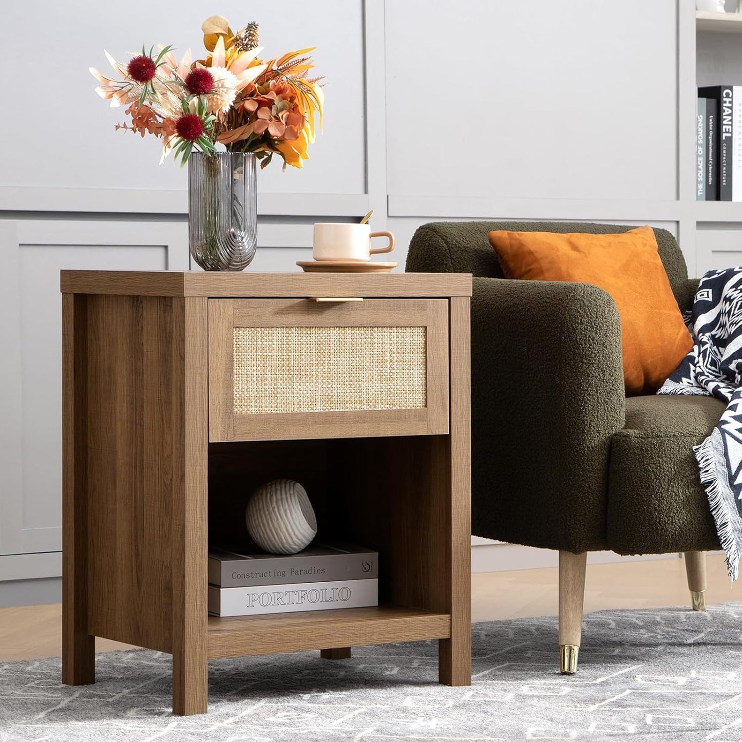 SICOTAS Rattan Nightstand - Stylish Farmhouse Bedside Table