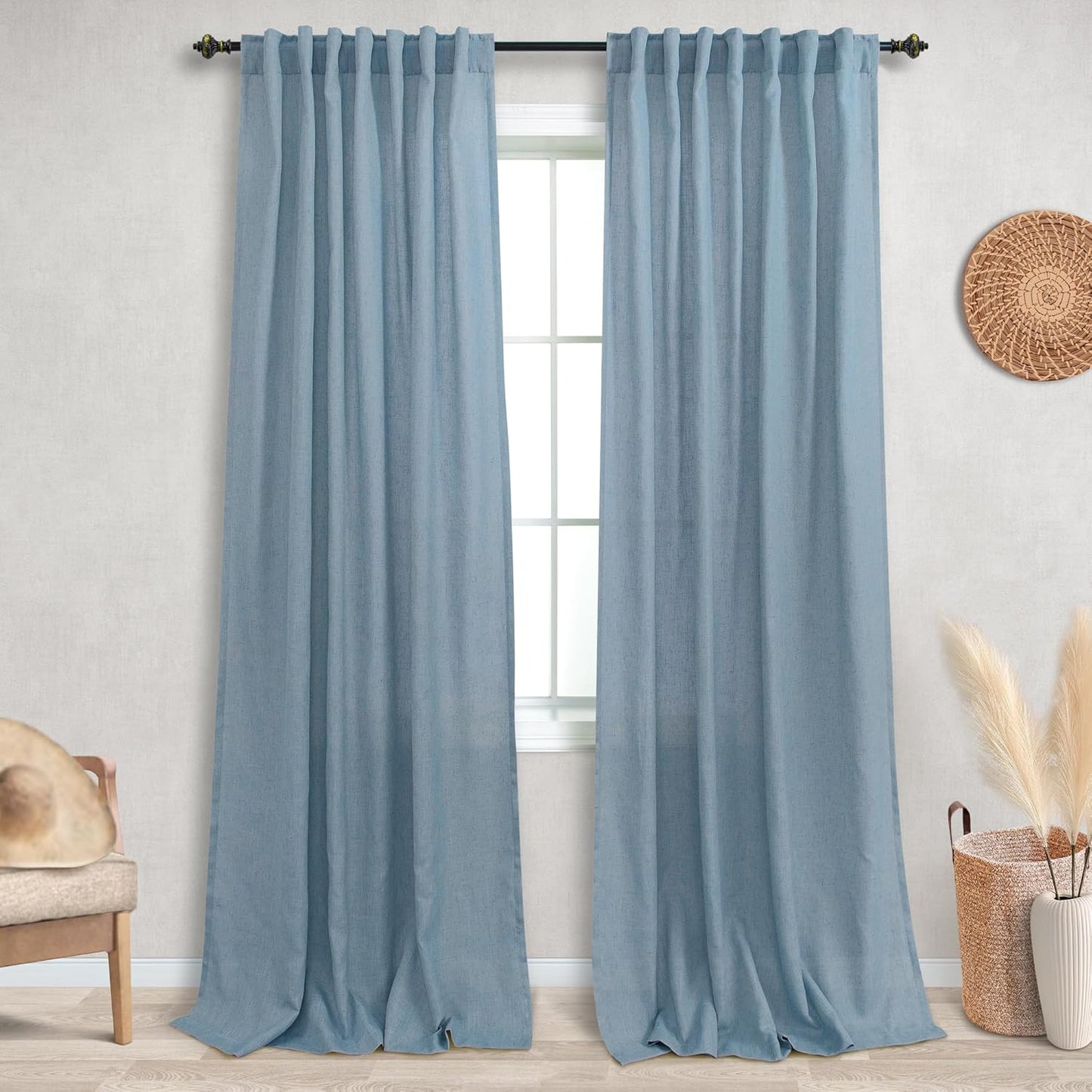 KOUFALL Stone Blue Back Tab Rod Pocket Linen Sheer Curtains 52x90