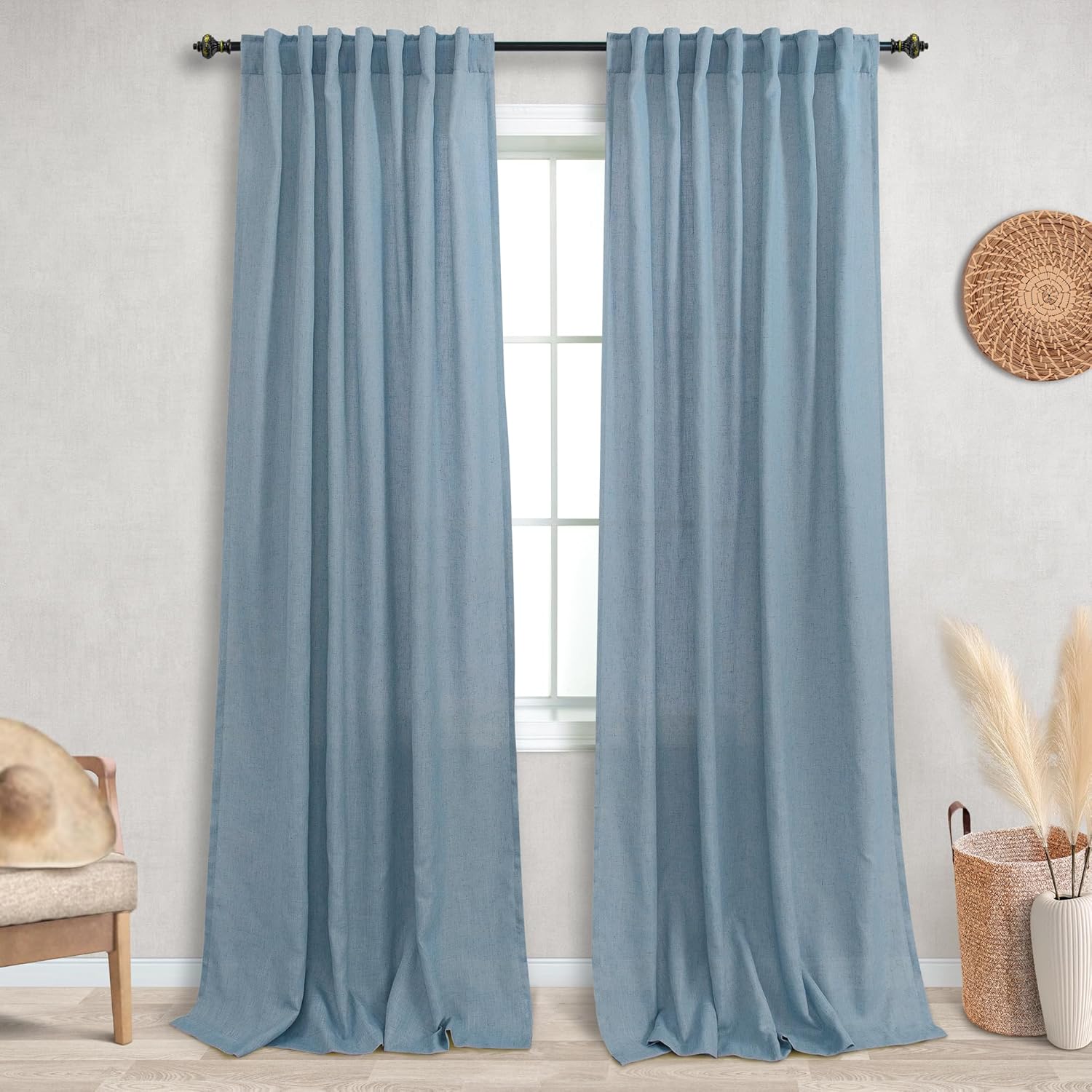 KOUFALL Stone Blue Back Tab Rod Pocket Linen Sheer Curtains 52x90