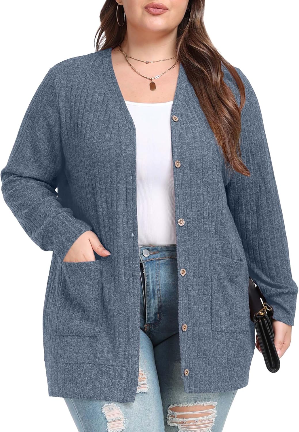 OLRIK Plus Size Cardigan for Women with Pockets and Buttons