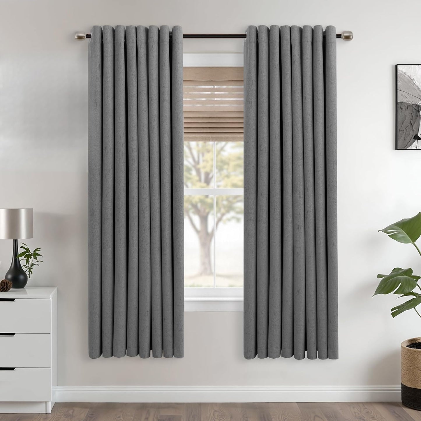 Mrs.Naturall Grey Grommet Linen Blackout Curtains 52x63 in