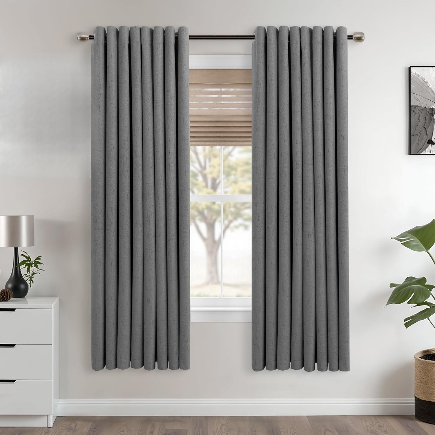 Mrs.Naturall Grey Grommet Linen Blackout Curtains 52x63 in