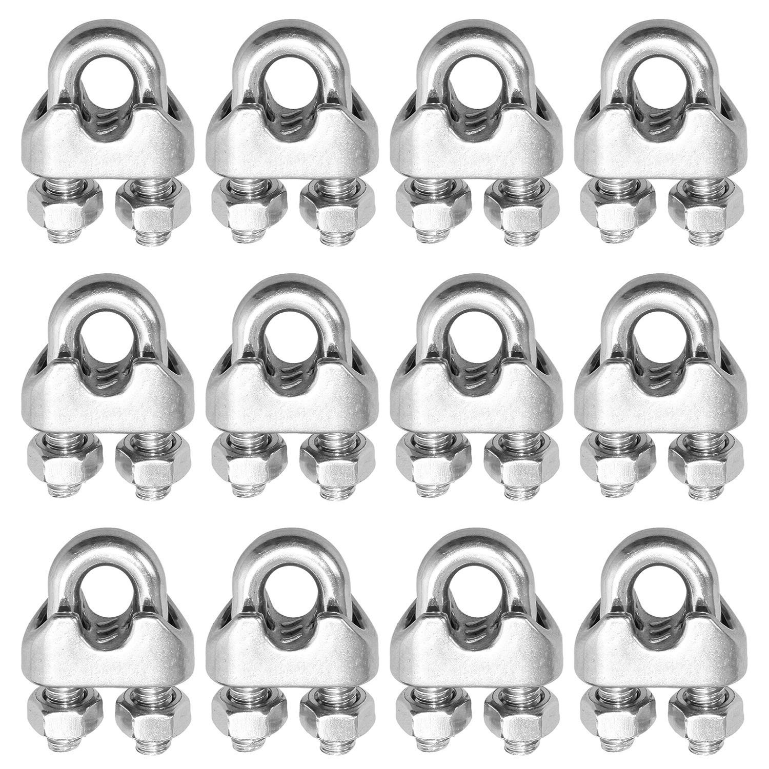 Hulless 304 Stainless Steel Cable Clips - Set of 12 - Secure 1/4 Inch Wire Rope