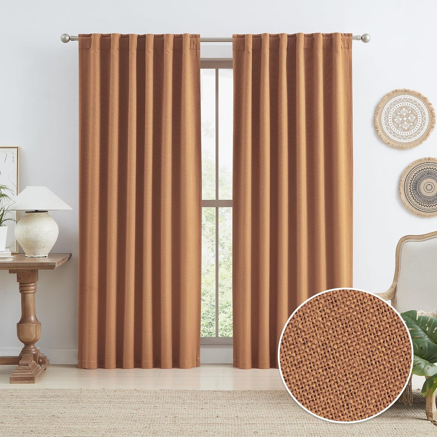 90 Inch Burnt Orange Blackout Linen Curtains for Cozy Living Room