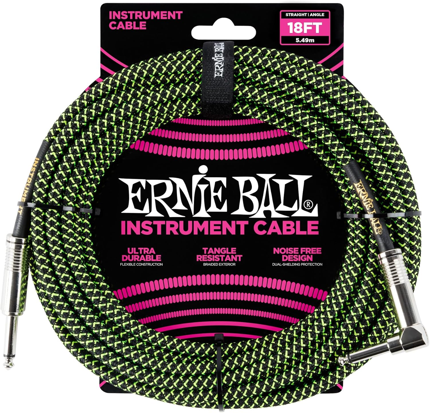 Ernie Ball Braided Instrument Cable, 18ft, Neon Green/Black