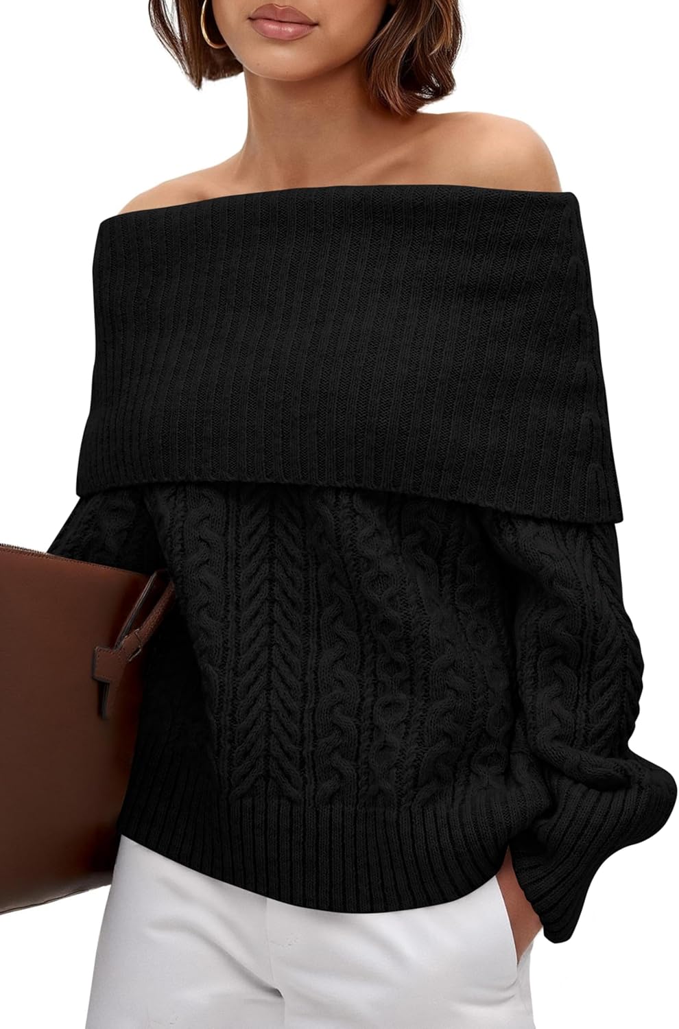 MASCOMODA Womens Off The Shoulder Cable Knit Sweater for Fall