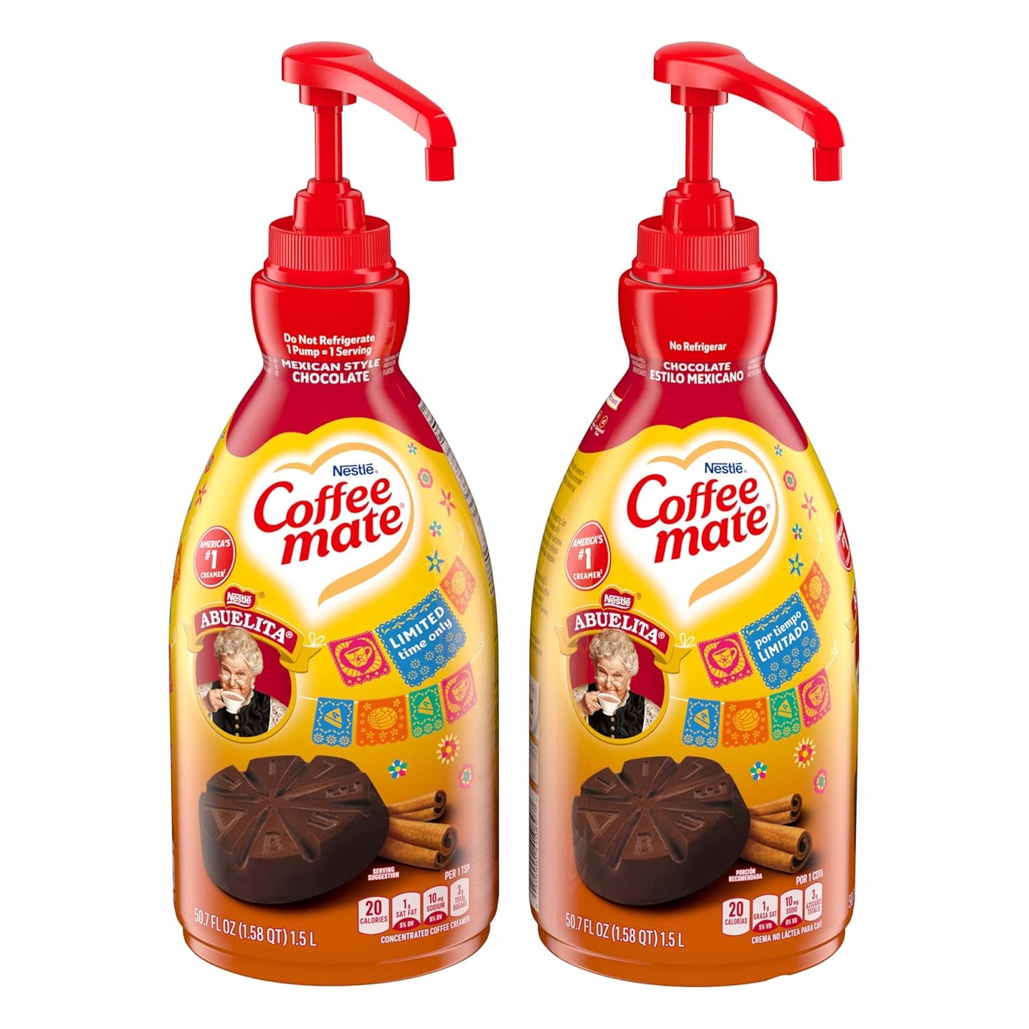 Nestle Coffee Mate Abuelita Chocolate Flavor, Pump Bottle, Non-Dairy, No Refrigeration, 50.7 oz - 2 Pack