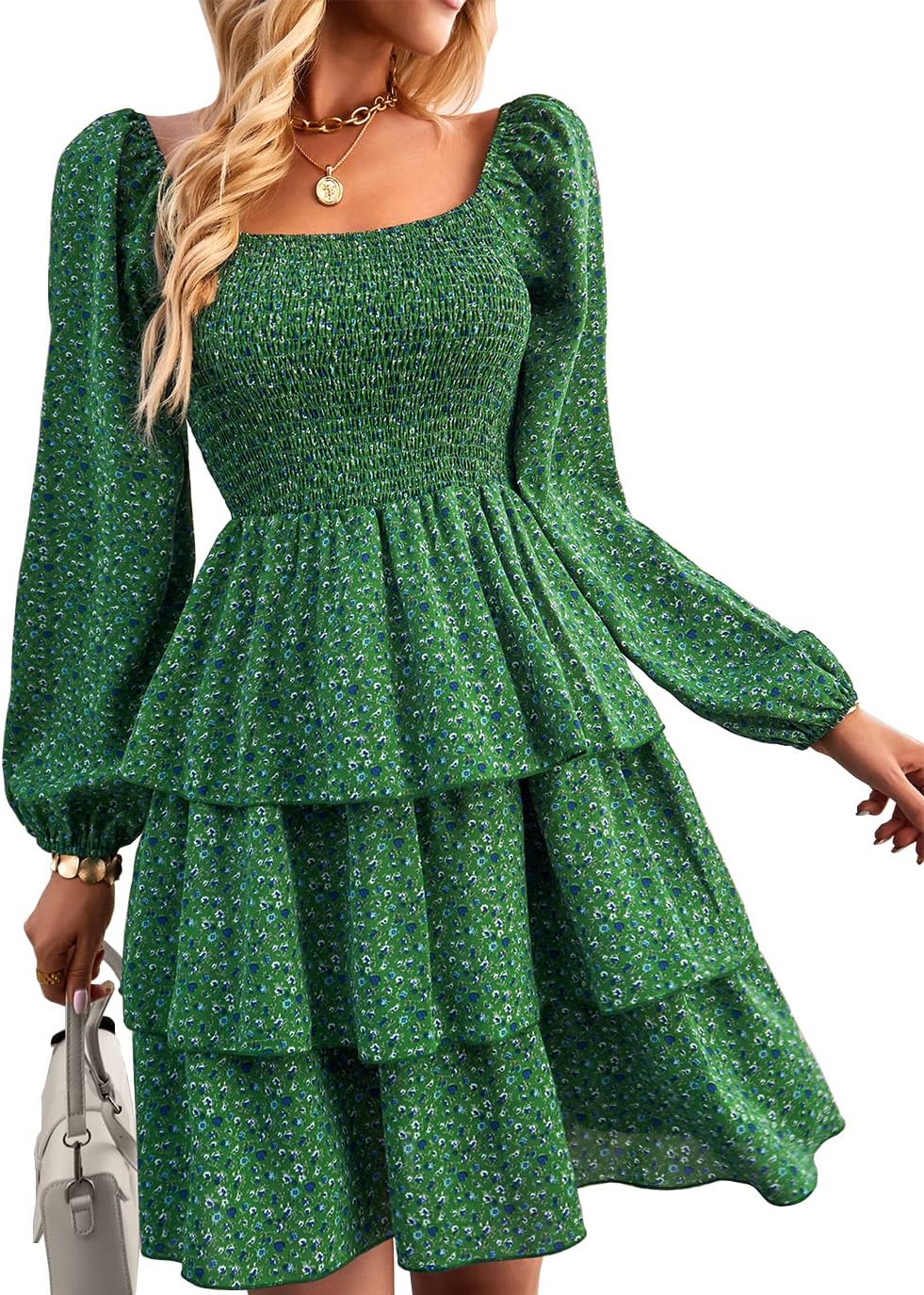 Womens Long Sleeve Dress with Square Neck and Floral Print