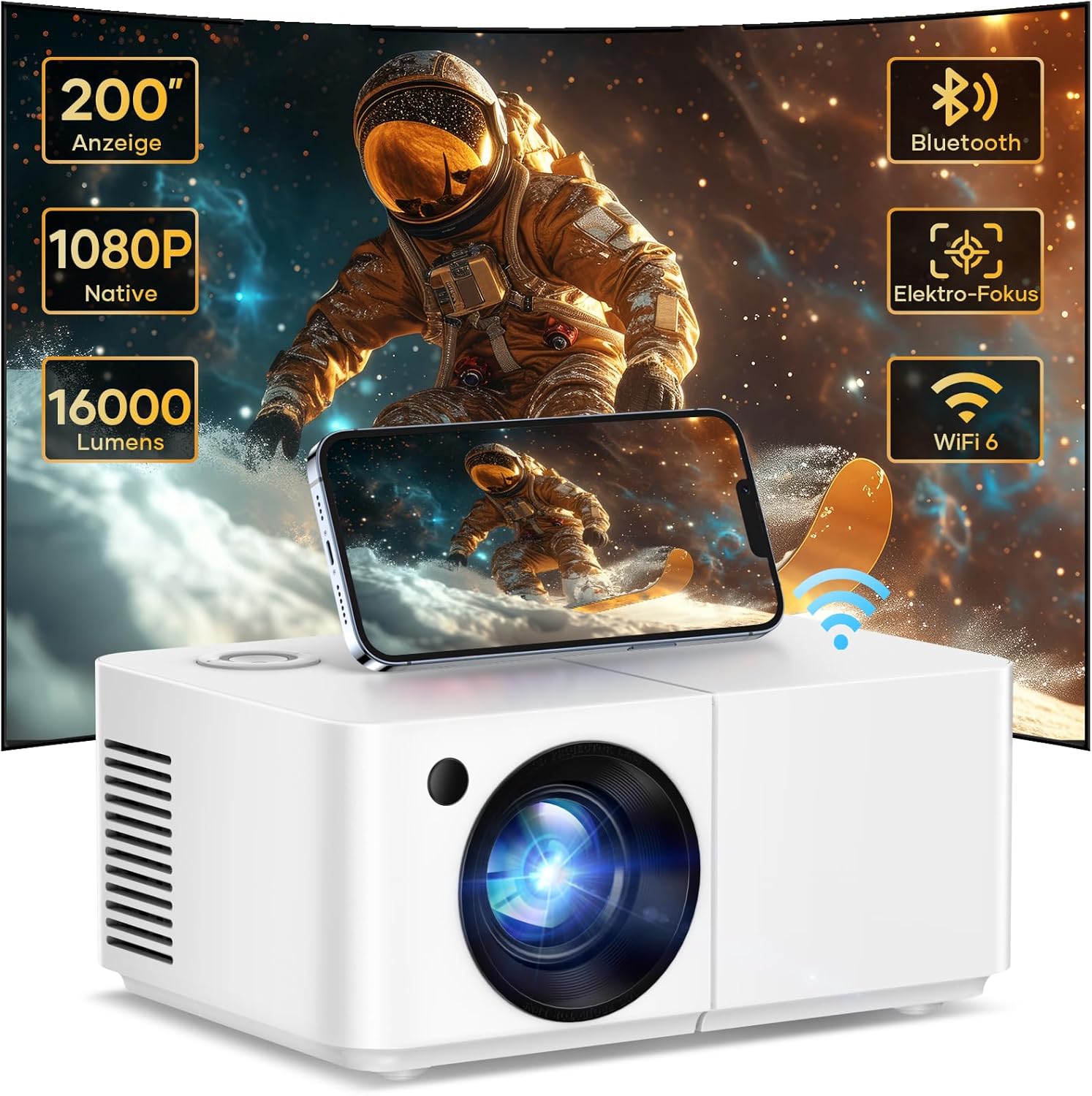 VenirCool Portable Mini Projector: Electric Focus, WiFi, Bluetooth, 1080P, 300 ANSI, Max 200 Display