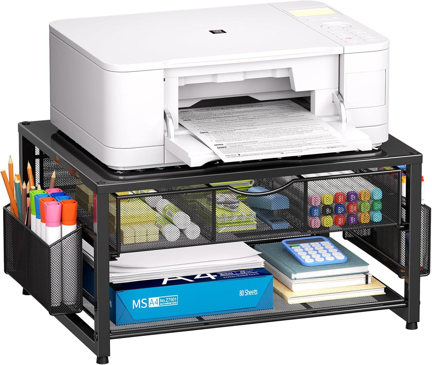 Metal Printer Stand with Storage Drawer and Pen Holders for Desk