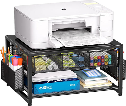 Metal Printer Stand with Storage Drawer and Pen Holders for Desk