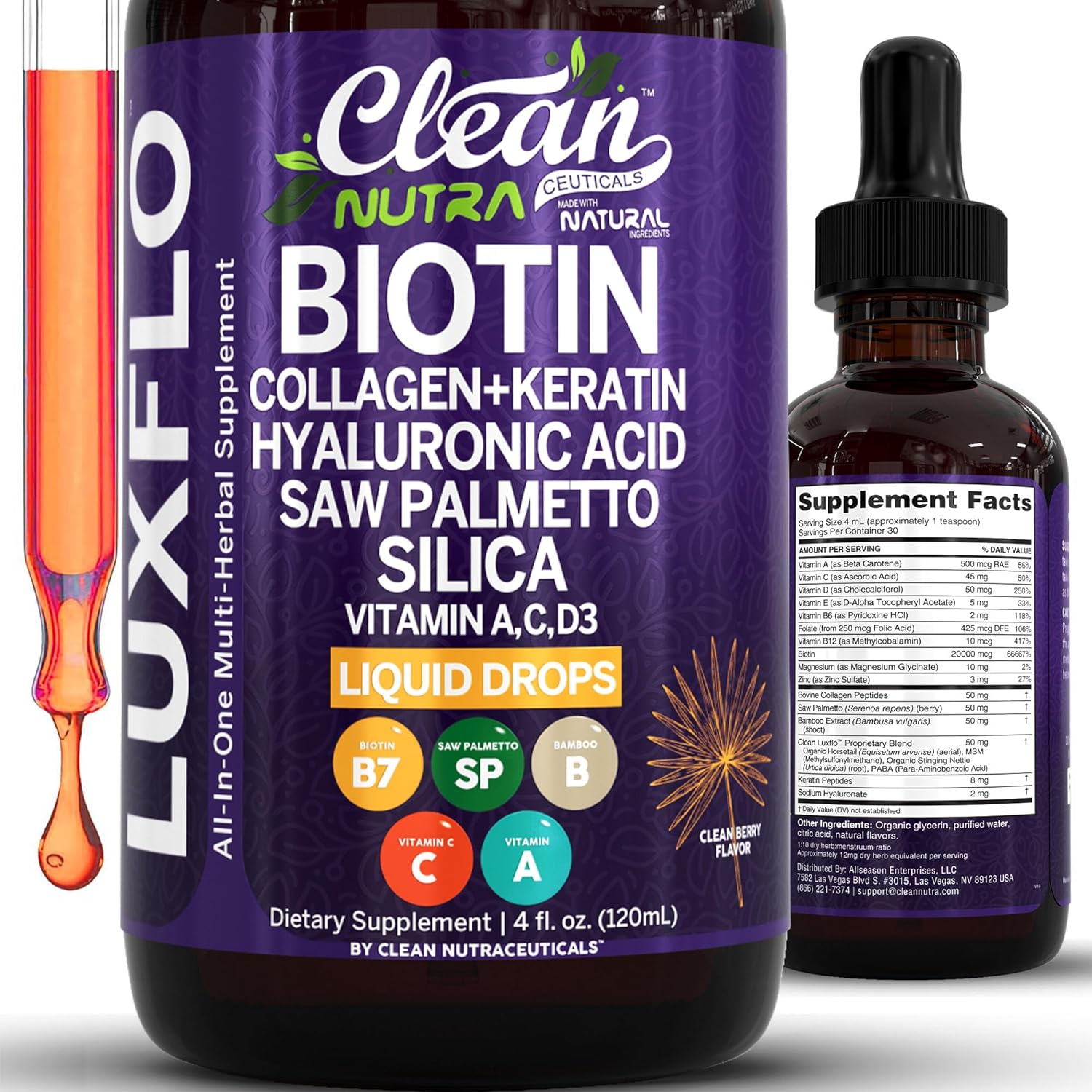 Biotin Liquid Drops with Collagen and Hyaluronic Acid for Beauty