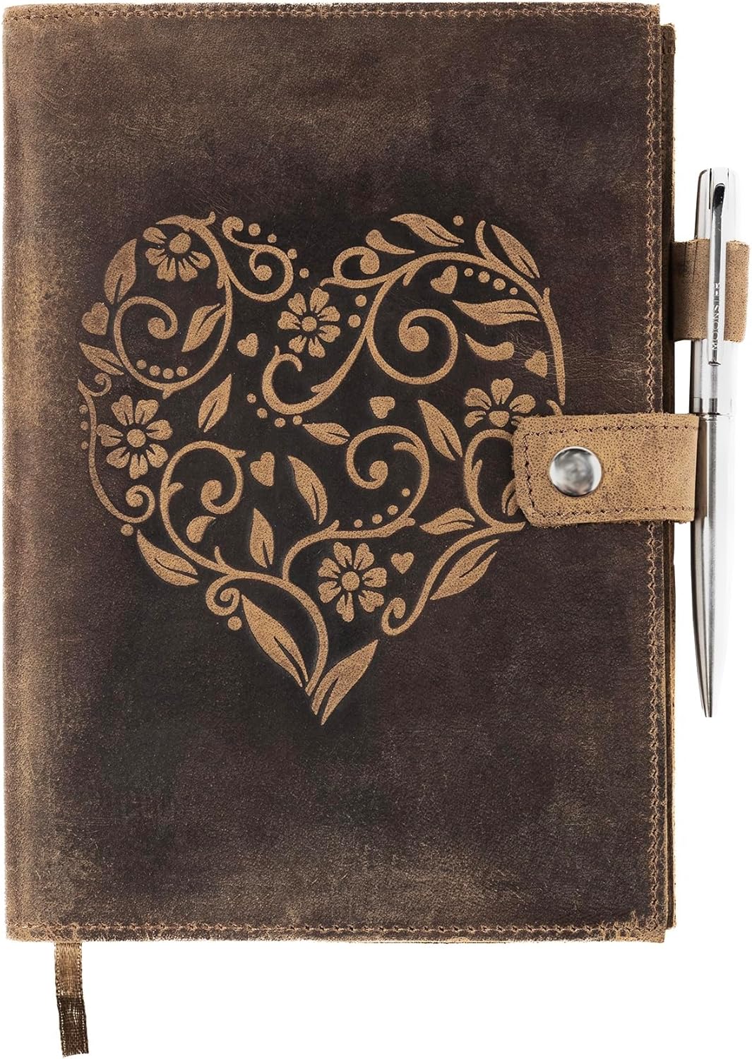 moonster Heart Design Leather Journal - Refillable A5 with Pen - 320 Pages