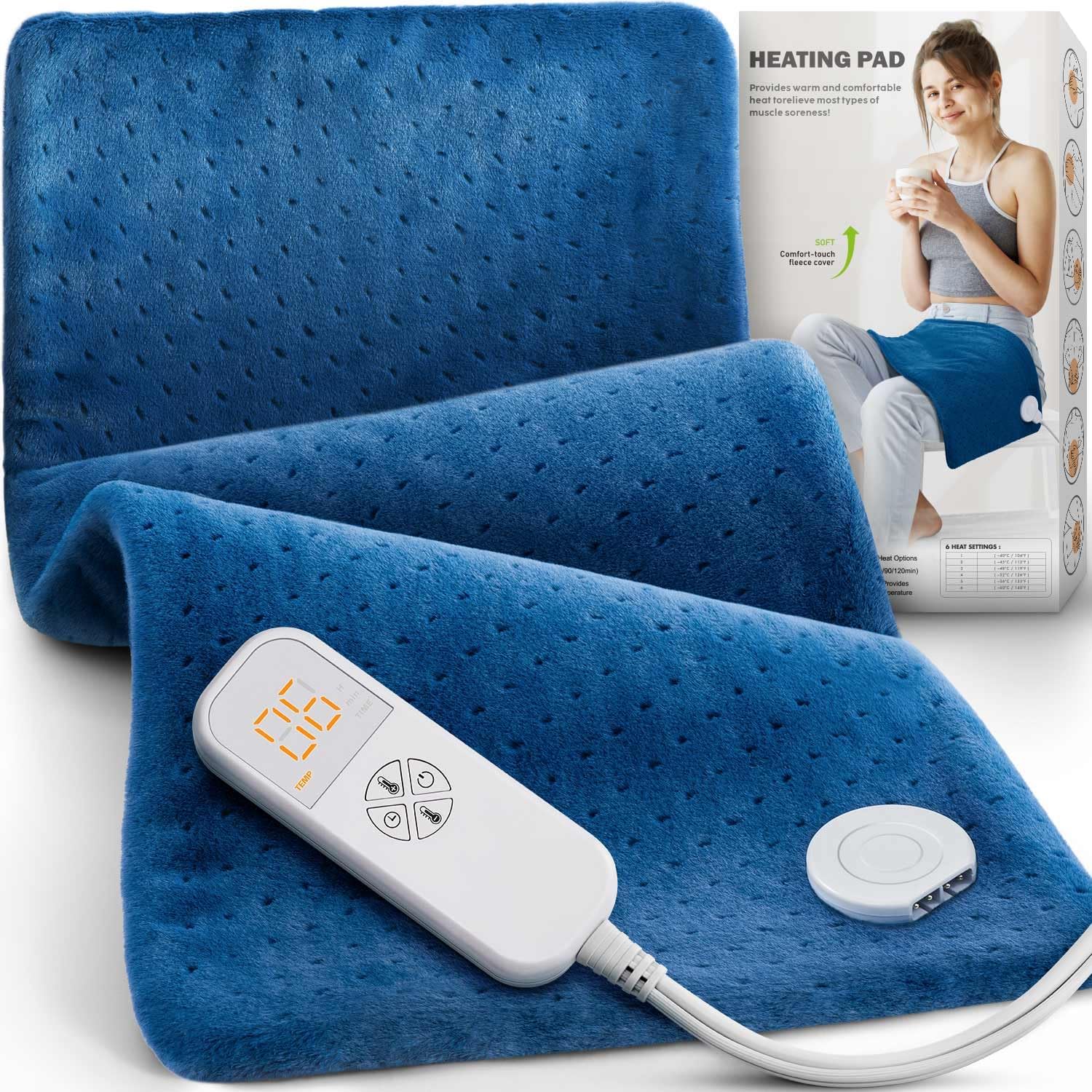 Moist Heat Electric Heating Pad - Relief for Back Pain & Cramps - Soft Fabric, Auto Shut Off - Perfect Gift for all Occasions - 12x24 Blue