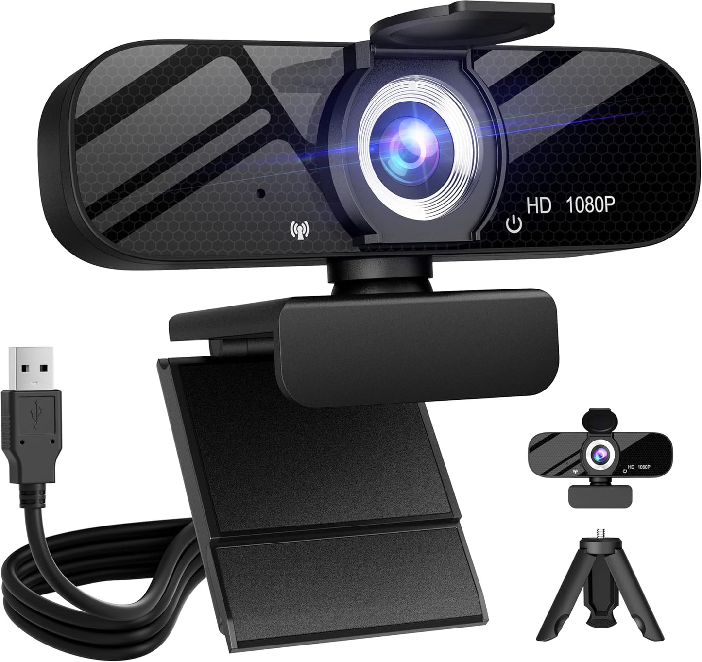 Crystal Clear Full HD Webcam - 1080P Video, Rotatable Tripod, Privacy Cover