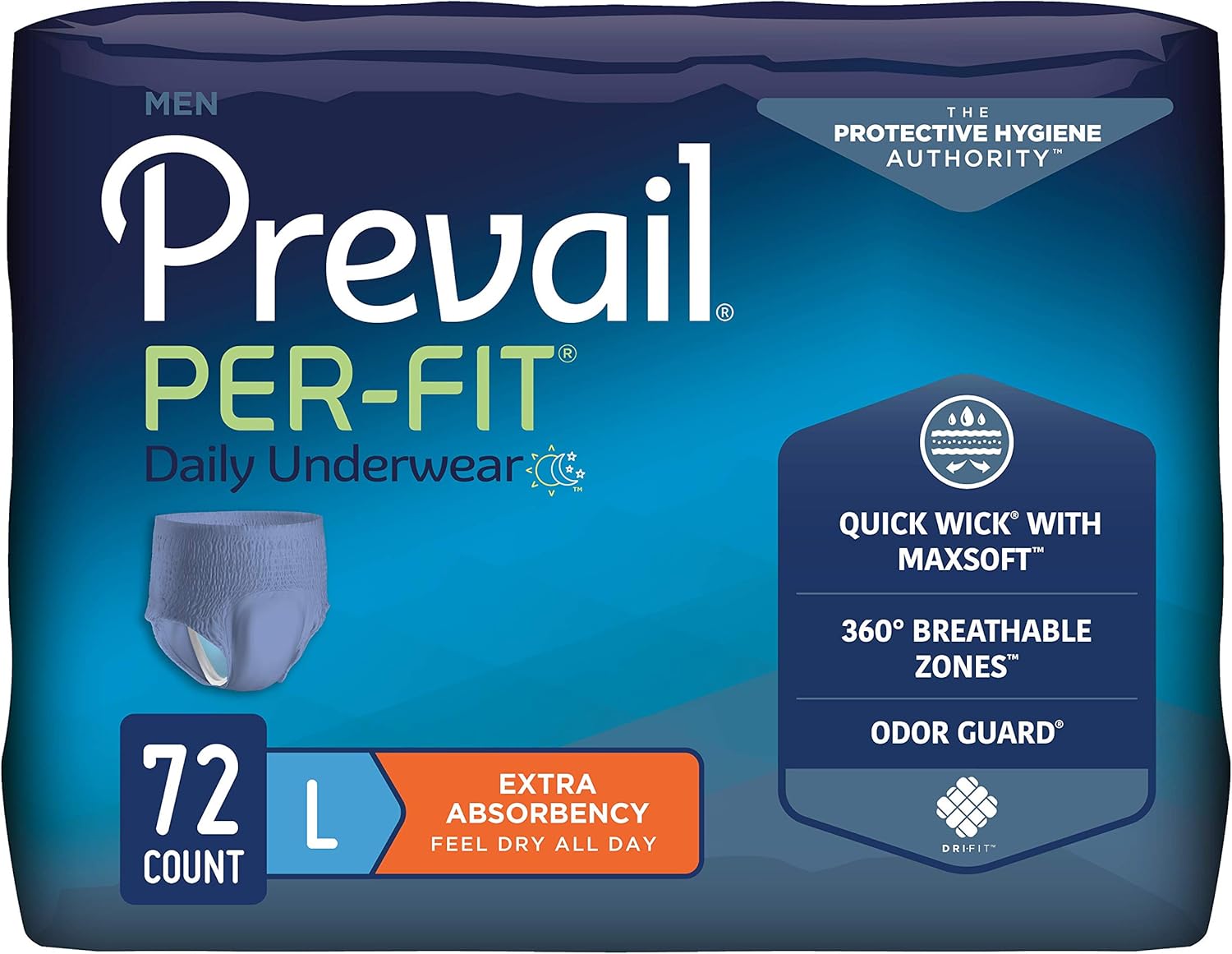 Prevail Men's Daily Protective Underwear - Extra Absorbency - Large - 72 Count