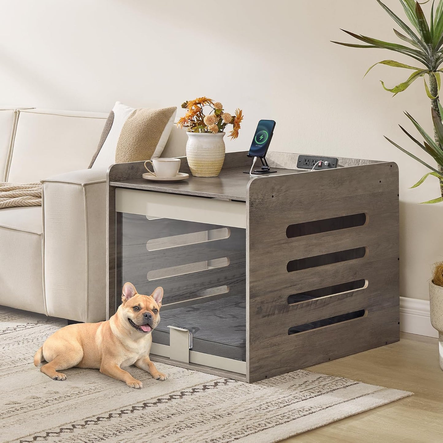 Feandrea Modern Dog Crate Furniture with Charging Station