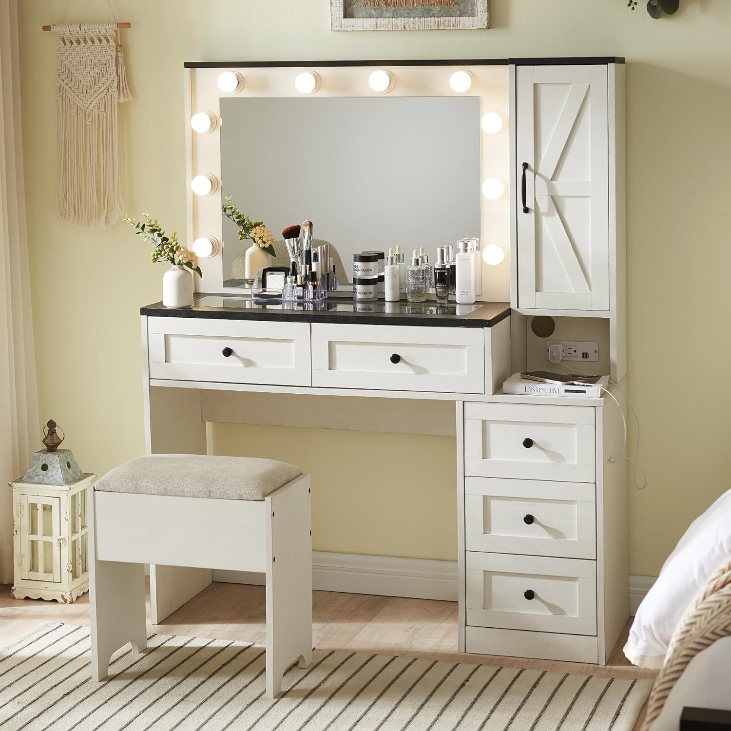 Farmhouse Vanity Desk with Charging Station & Mirror Light