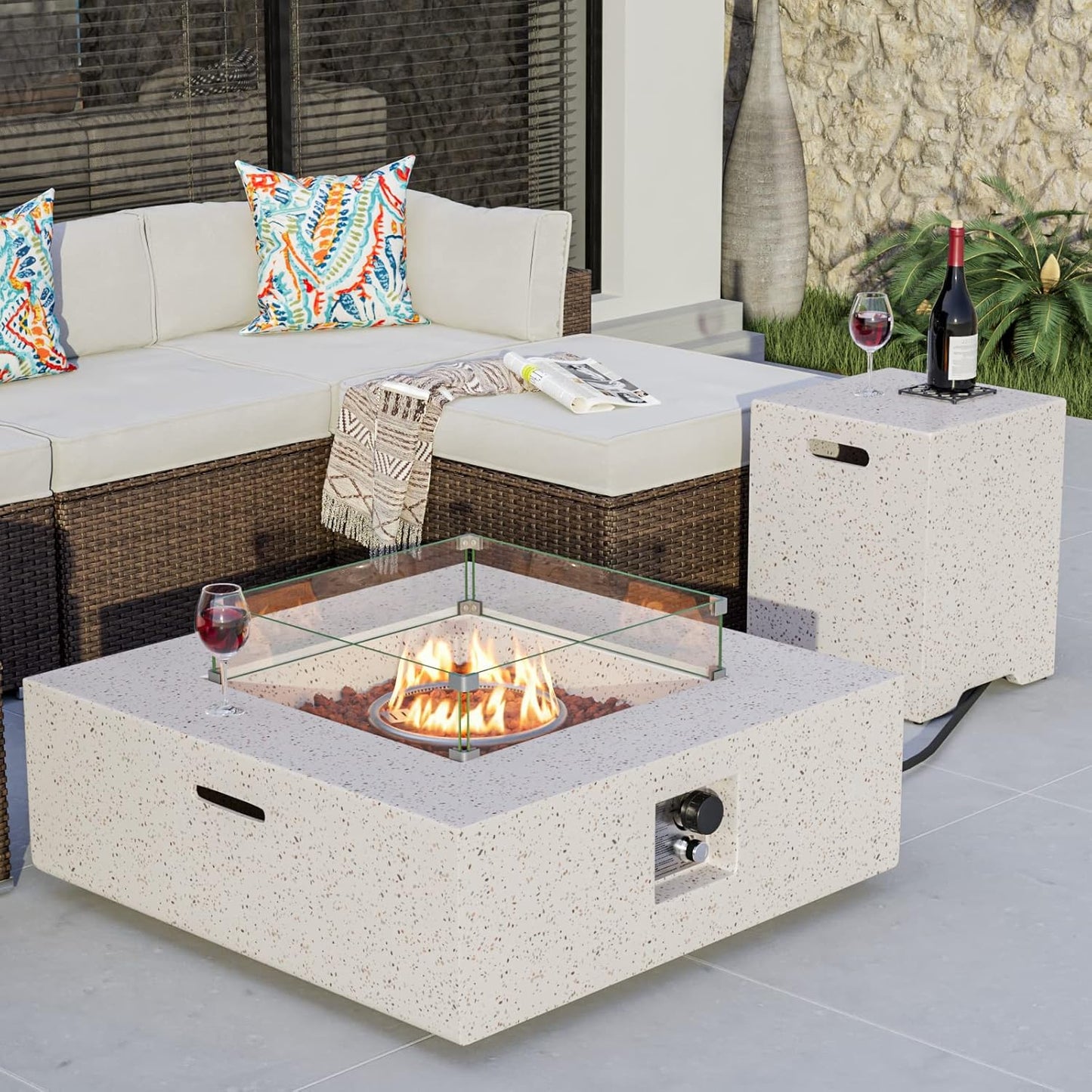 COSIEST 35-inch Square Outdoor Sandstone Propane Fire Pit