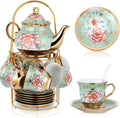 Porcelain Tea Set 20 Pc with Metal Holder and Spoons - Elegant Tea