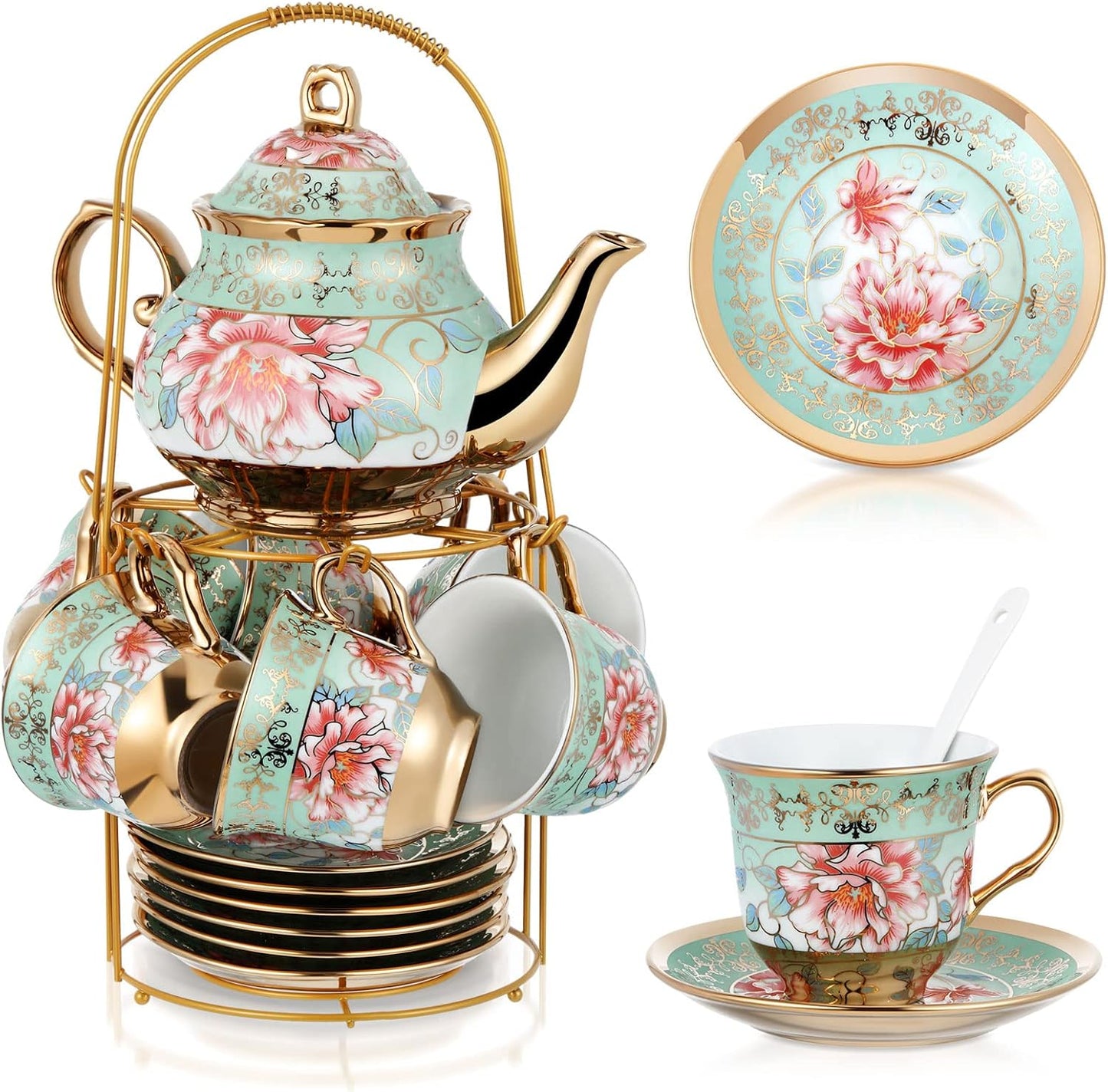 Zhehao 20 Pcs Porcelain Tea Set with Metal Holder and Spoon