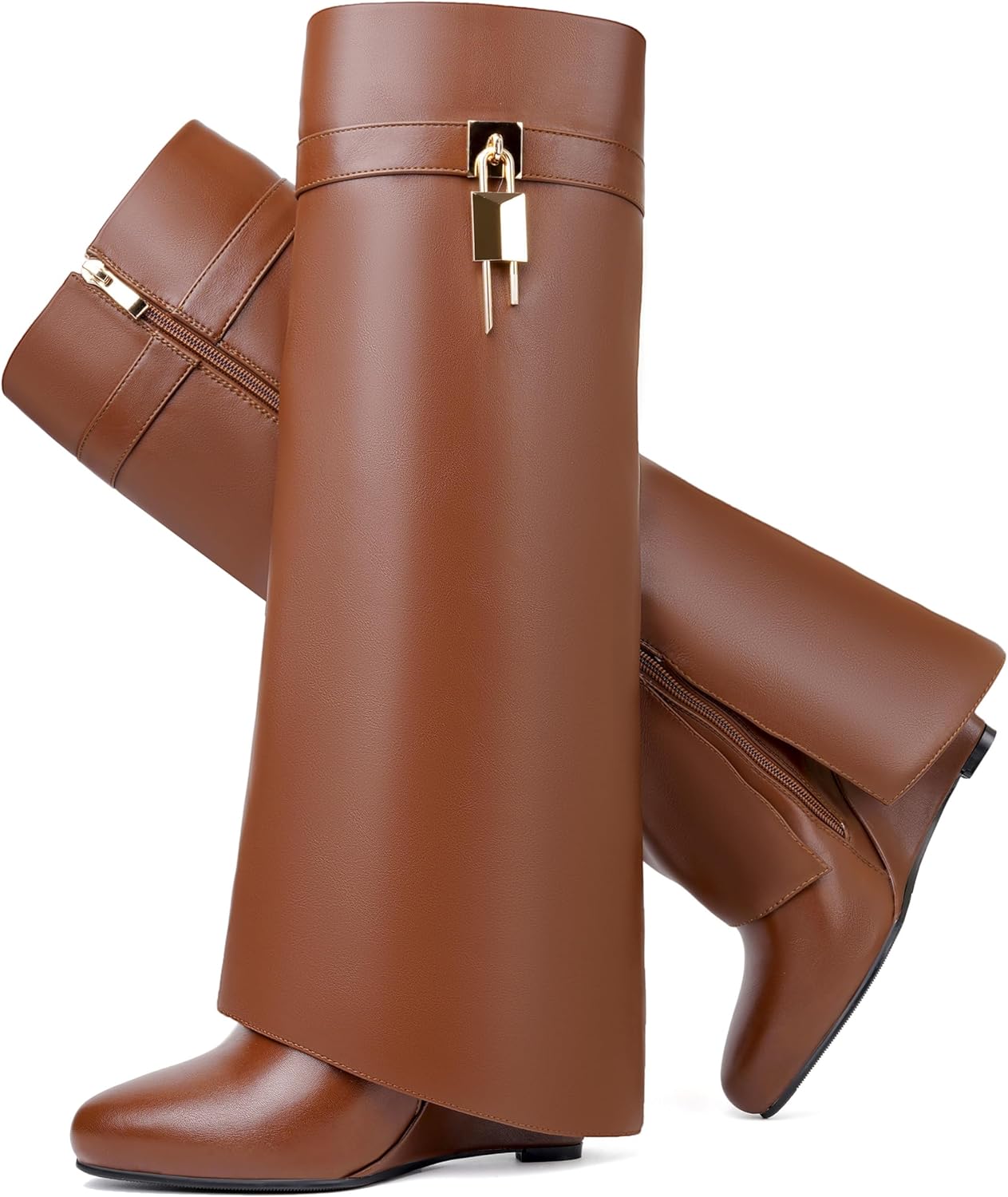 Fold Over Boots for Women Pointy Pull-on Wedge Heel Knee Shark Boot