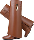 Fold Over Knee Boots for Women Pointy Wedge Heel - Padlock Accent