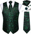 Mens Paisley Vest Tie Set with Lapel Pin Tie Clip - Silk Green