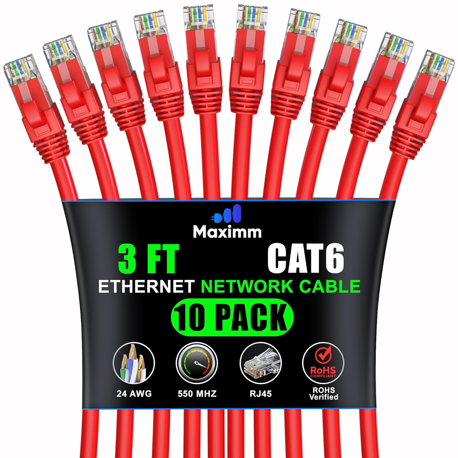 Maximm Cat 6 Ethernet Cable 3 ft (10-Pack) - Ultra-Fast Network Connection
