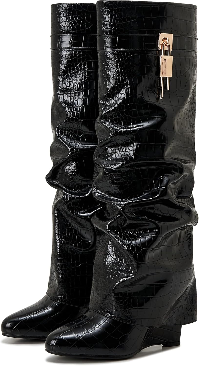Fold Over Boots for Women with Pointy Pull-on Wedge Heel Style
