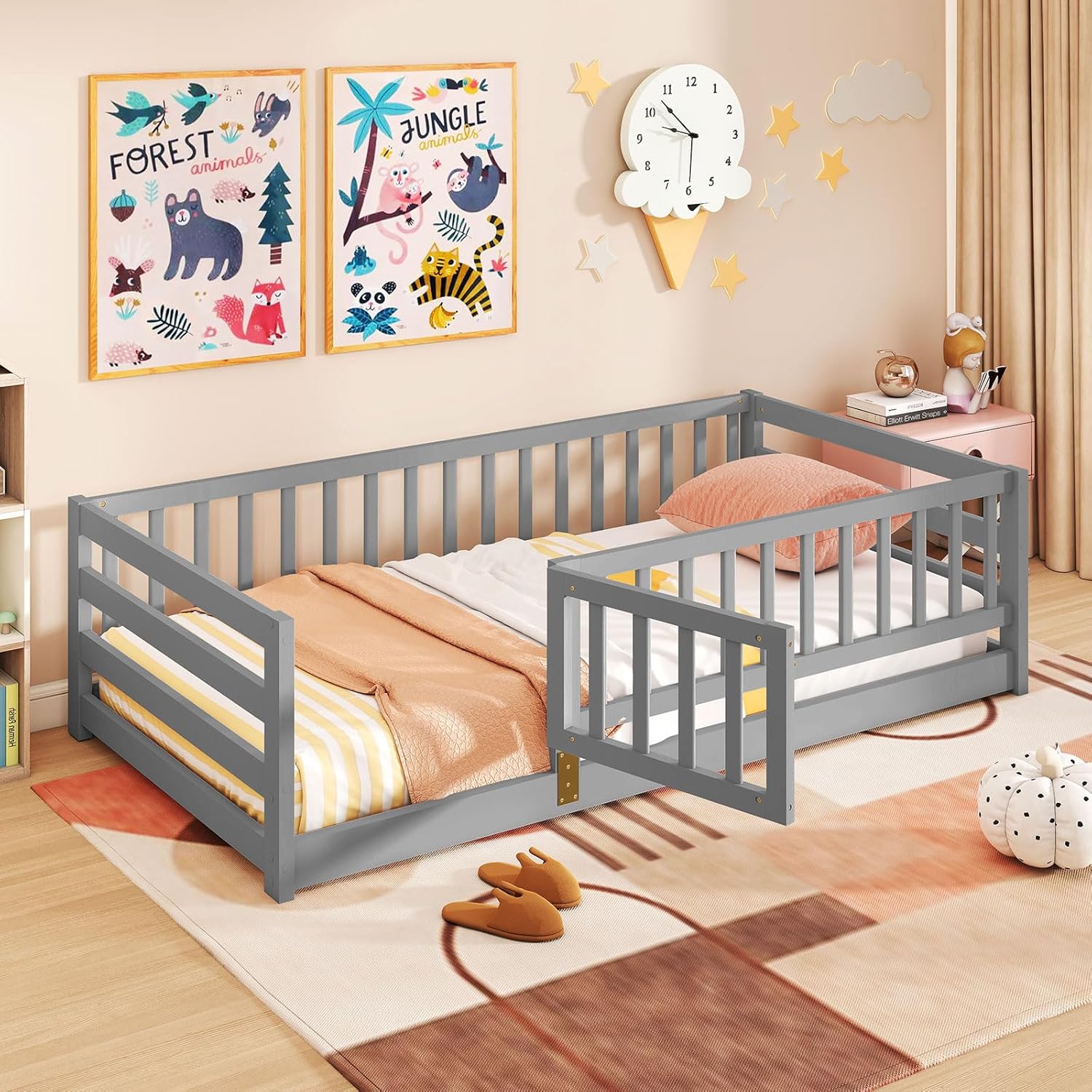 Giantex Twin Floor Bed with High Fence & Door for Kids Safety