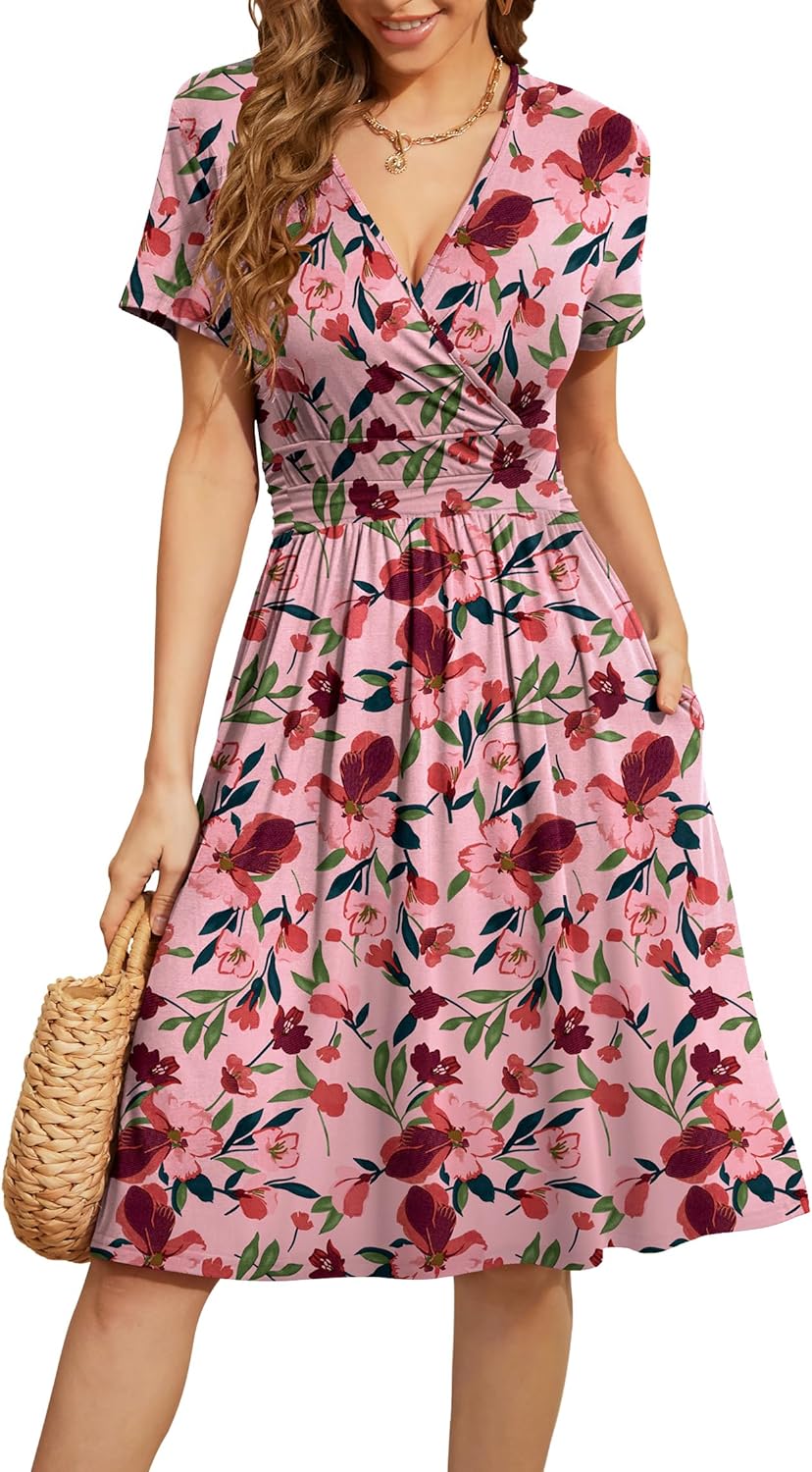 WEACZZY Women's Summer Short Sleeve Floral Party Dress with Pockets