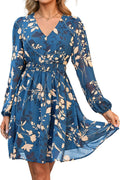 Simplee Womens Floral Mini Dress Long Sleeve - Flowy Boho V Neck
