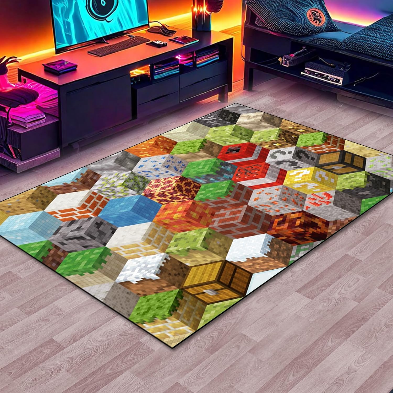 Pixel Block Game Rug for Boys - Non-Slip Fun Design