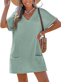 Women Waffle Knit V Neck Beach Coverup Dress with Pockets