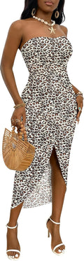 Women's Strapless Ruched High Waist Wrap Split Maxi Dress - Beachwear