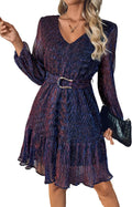 Stylish V Neck Shiny Threads Dress with Belt ~ NERLEROLIAN