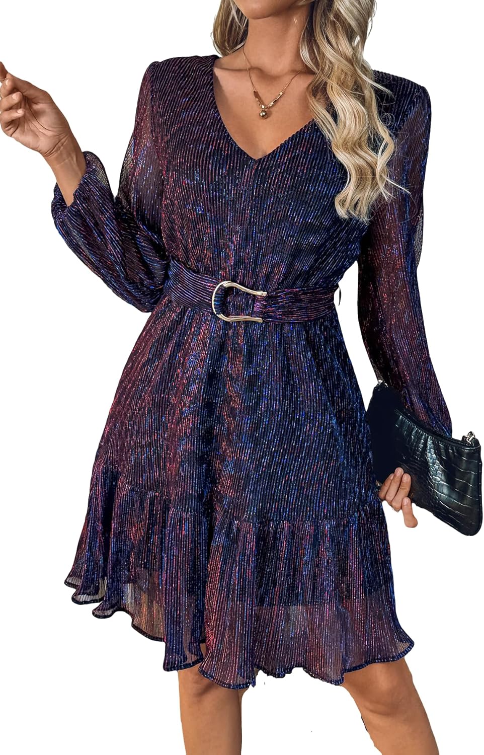 Stylish V Neck Shiny Threads Dress with Belt ~ NERLEROLIAN