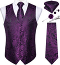 Mens Silk Purple Paisley Vest and Tie Set - Formal Waistcoat Set